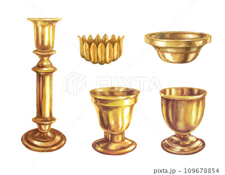 Watercolor brass long and short candlesticks with metal texture and shine in vintage style for Christmas, New Year, Candlemas, memorial, wedding, birthday, for church, ceremonies, rituals, magic. Watercolor brass long and short candlesticks with metal texture and shine in vintage style for Christmas, New Year, Candlemas, memorial, wedding, birthday, for church, ceremonies, rituals, magic. 109678854