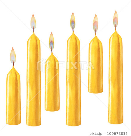 Watercolor yellow vertical short and long candles with flames of different types and without flames for Christmas, Candlemas, wedding, birthday, Easter, magic, memorial day, spa and relaxation Watercolor yellow vertical short and long candles with flames of different types and without flames for Christmas, Candlemas, wedding, birthday, Easter, magic, memorial day, spa and relaxation 109678855
