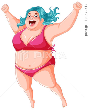 Happy overweight woman with victory expression wearing bikini Happy overweight woman with victory expression wearing bikini 109679319