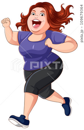 Chubby Woman Running Pose Cartoon Character 109679364
