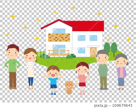 新築マイホームを喜ぶ二世帯家族 109679645