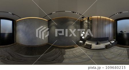 3D illustrations through 360 degree rendering, showcase modern bedroom interiors that feature minimal black tones. 3D illustrations through 360 degree rendering, showcase modern bedroom interiors that feature minimal black tones. 109680215