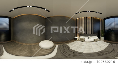 3D illustrations through 360 degree rendering, showcase modern bedroom interiors that feature minimal black tones. 109680216