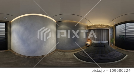 3D illustrations through 360 degree rendering, showcase modern bedroom interiors that feature minimal black tones. 3D illustrations through 360 degree rendering, showcase modern bedroom interiors that feature minimal black tones. 109680224