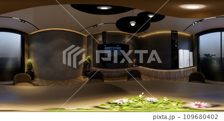 3D illustrations through 360 degree rendering, depict modern dining room interiors with minimal black tones 3D illustrations through 360 degree rendering, depict modern dining room interiors with minimal black tones 109680402