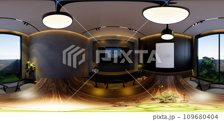 3D illustrations through 360 degree rendering, depict modern dining room interiors with minimal black tones 3D illustrations through 360 degree rendering, depict modern dining room interiors with minimal black tones 109680404