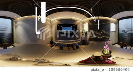3D illustrations through 360 degree rendering, depict modern dining room interiors with minimal black tones 3D illustrations through 360 degree rendering, depict modern dining room interiors with minimal black tones 109680406