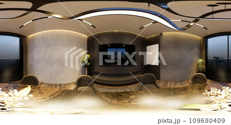 3D illustrations through 360 degree rendering, depict modern dining room interiors with minimal black tones 3D illustrations through 360 degree rendering, depict modern dining room interiors with minimal black tones 109680409