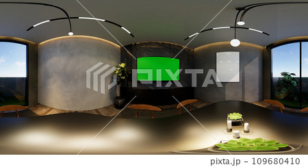 3D illustrations through 360 degree rendering, depict modern dining room interiors with minimal black tones 109680410