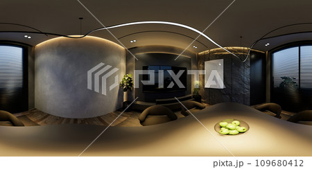 3D illustrations through 360 degree rendering, depict modern dining room interiors with minimal black tones 109680412