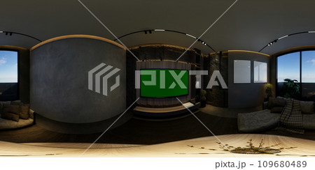 3D illustrations through 360 degree rendering, depict modern living room interiors with minimal black tones 3D illustrations through 360 degree rendering, depict modern living room interiors with minimal black tones 109680489