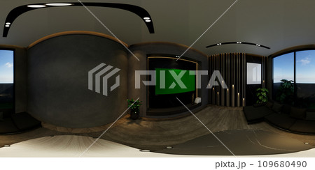 3D illustrations through 360 degree rendering, depict modern living room interiors with minimal black tones 109680490