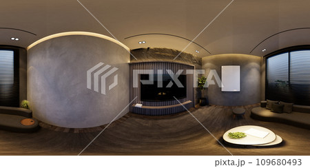3D illustrations through 360 degree rendering, depict modern living room interiors with minimal black tones 3D illustrations through 360 degree rendering, depict modern living room interiors with minimal black tones 109680493