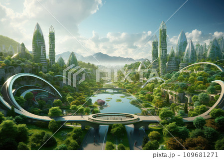 Metropolis friendly ecology mega city buildings and towers, green environment city center metropolis, Green garden in modern city, forest and garden in midtown, greenery skyscraper, Generative Ai 109681271
