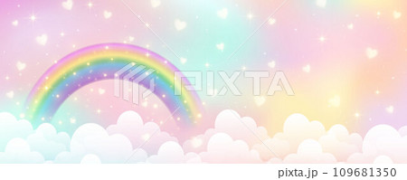 Holographic fantasy rainbow unicorn background with clouds. Pastel color sky. Magical landscape, abstract fabulous pattern. Cute candy wallpaper. Vector. 109681350