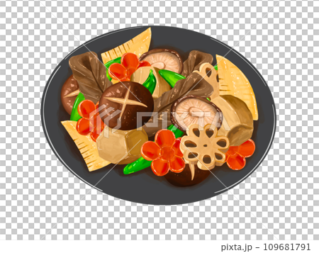 Chikuzenni, Boiled dish, Boiled dish, Osechi, New Year, New Year, Happy New Year, New Year's card, Lucky charm, Illustration, New Year's plate 109681791