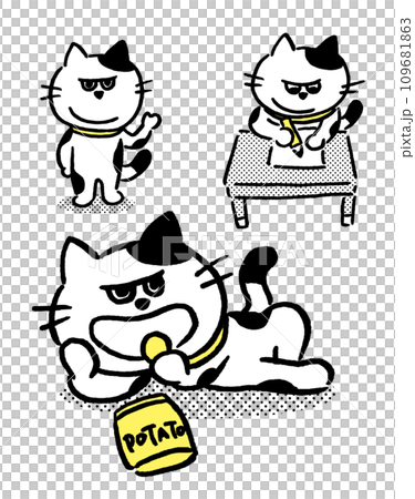白黒の目つきがワルくてニヤリと笑ったブチ猫 109681863