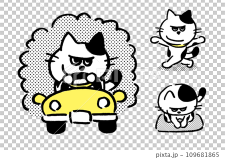 白黒の目つきがワルくてニヤリと笑ったブチ猫 白黒の目つきがワルくてニヤリと笑ったブチ猫 109681865