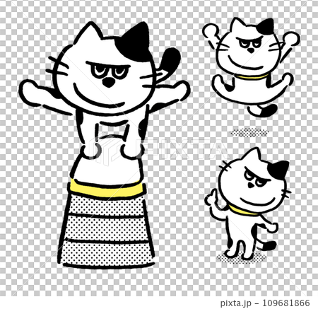 A spotted cat with black and white eyes and a grin 109681866