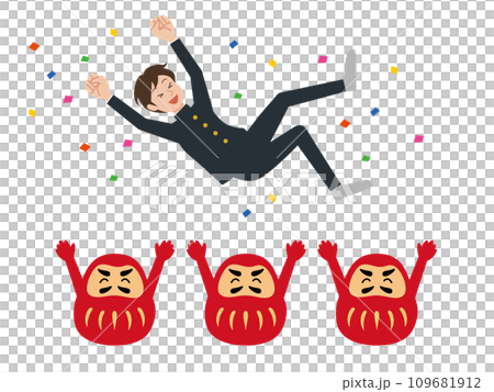 Illustration of a male student being lifted up by Daruma dolls Illustration of a male student being lifted up by Daruma dolls 109681912