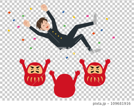 Illustration of a male student being lifted up by Daruma dolls Illustration of a male student being lifted up by Daruma dolls 109681916