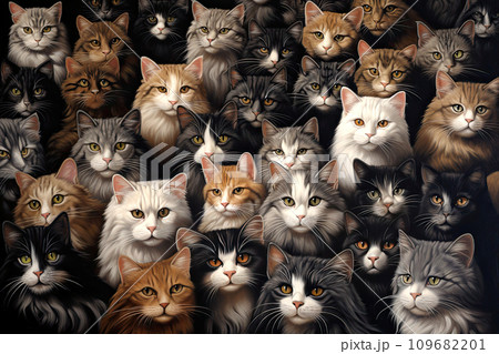 Pattern of many funny heads of cats looking at me in the frame. White, red, striped furry cats illustration. AI generated 109682201