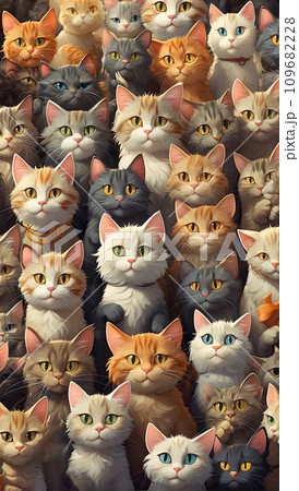 Cartoon pattern of many funny heads of cats looking at me in the frame. White, red, striped furry cats illustration. AI generated 109682228