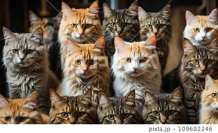 A pattern of many heads of cats looking at me in the frame. White, red, striped furry cats. AI generated 109682246