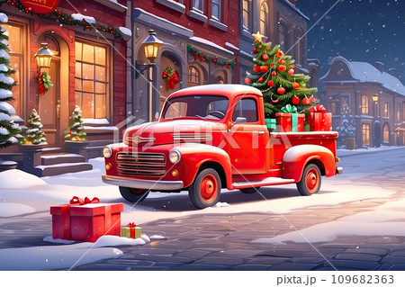 Cartoon red retro Christmas truck with gifts and a Christmas tree in the back on the street of the fabulous city in winter with snow. A holiday card for Christmas and New Year. AI generated 109682363
