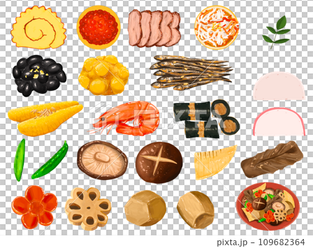 お節　おせち　セット　まとめ　贅沢　正月　お正月　謹賀新年　年賀状　縁起物　イラスト　年賀 109682364