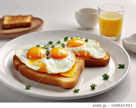 Fried eggs on a white plate with toast and herbs. Traditional delicious breakfast 109682401