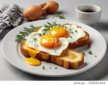 Fried eggs on a white plate with toast and herbs. Traditional delicious breakfast Fried eggs on a white plate with toast and herbs. Traditional delicious breakfast 109682404