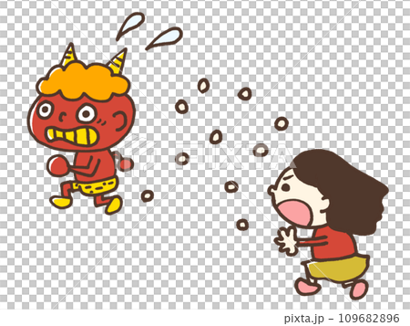 Illustration of a demon running away from beans Illustration of a demon running away from beans 109682896