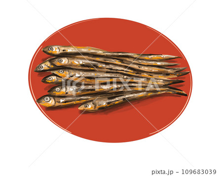 田作り　ごまめ　田作　おせち　正月　お正月　謹賀新年　年賀状　縁起物　イラスト　年賀　皿　赤　漆 109683039