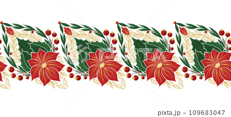 Vector decorative holiday border with poinsettia flowers isolated from background. Xmas seamless tracery frieze with floral ornament Vector decorative holiday border with poinsettia flowers isolated from background. Xmas seamless tracery frieze with floral ornament 109683047