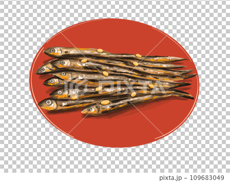 田作り　ごまめ　田作　おせち　正月　お正月　謹賀新年　年賀状　縁起物　イラスト　年賀　皿　赤　漆 109683049