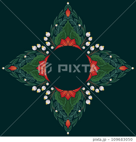 Vector decorative festive circle frame with poinsettia flowers and copy space. Colorful tracery template with Christmas flowers Vector decorative festive circle frame with poinsettia flowers and copy space. Colorful tracery template with Christmas flowers 109683050