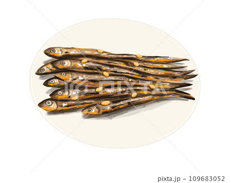 田作り　ごまめ　田作　おせち　正月　お正月　謹賀新年　年賀状　縁起物　イラスト　年賀　皿　白 109683052