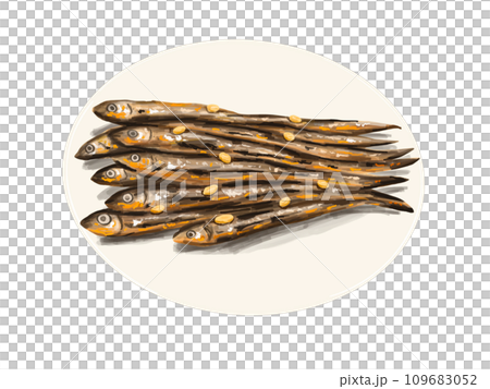 田作り　ごまめ　田作　おせち　正月　お正月　謹賀新年　年賀状　縁起物　イラスト　年賀　皿　白 109683052