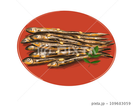 田作り　ごまめ　田作　おせち　正月　お正月　謹賀新年　年賀状　縁起物　イラスト　年賀　皿　赤　漆 109683059