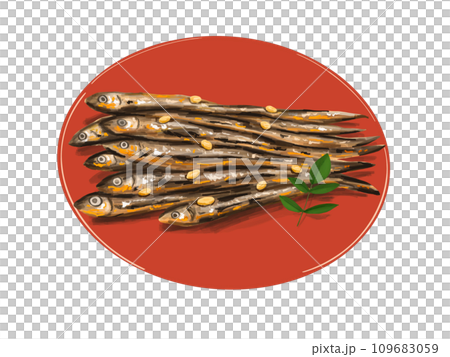 田作り　ごまめ　田作　おせち　正月　お正月　謹賀新年　年賀状　縁起物　イラスト　年賀　皿　赤　漆 109683059