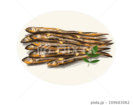 田作り　ごまめ　田作　おせち　正月　お正月　謹賀新年　年賀状　縁起物　イラスト　年賀　皿　白 109683062