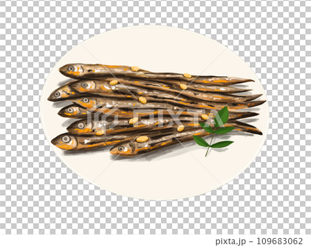 田作り　ごまめ　田作　おせち　正月　お正月　謹賀新年　年賀状　縁起物　イラスト　年賀　皿　白 109683062