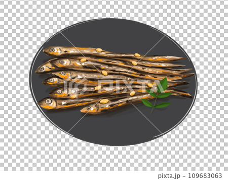 田作り　ごまめ　田作　おせち　正月　お正月　謹賀新年　年賀状　縁起物　イラスト　年賀　皿　黒　漆 109683063