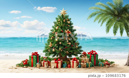 A Christmas tree with gift boxes on the ocean with palm trees. A tourist trip for Christmas and New Year to tropical countries, a vacation at the sea. AI generated 109683176