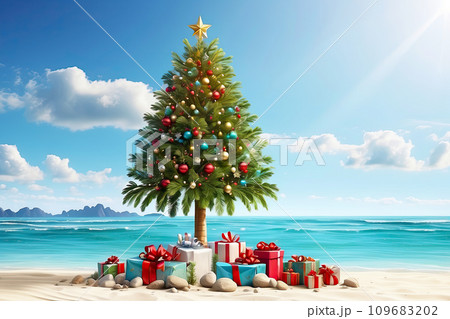 A Christmas tree with gift boxes on the ocean with palm trees. A tourist trip for Christmas and New Year to tropical countries, a vacation at the sea. AI generated 109683202