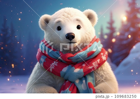 A cartoon portrait of a kind polar bear in a red scarf, a children's character on a Christmas background, is a festive greeting card for the new year. AI generated 109683250