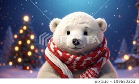 A cartoon portrait of a kind polar bear in a red scarf, a children's character on a Christmas background, is a festive greeting card for the new year. AI generated 109683252