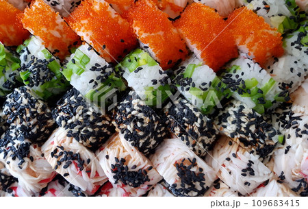 Fresh sushi rolls set food concept Fresh sushi rolls set food concept 109683415