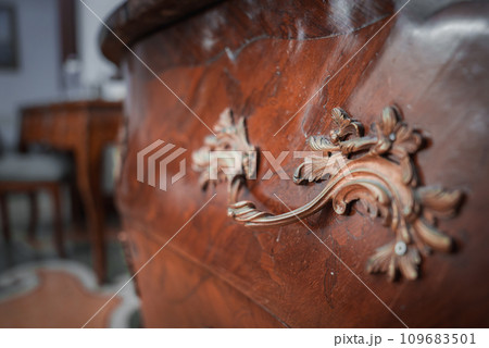 An elegant and ornate wooden chest of drawers with intricate carvings and decorative handles, placed in a luxurious and opulent living room exuding sophistication and refinement. 109683501